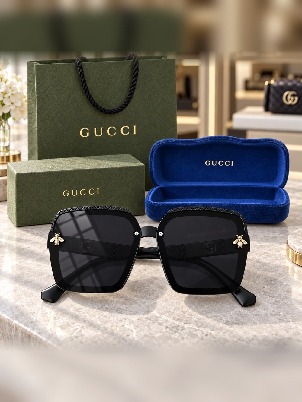Gucci Black Square Bee Sunglasses - Picture 6 of 6